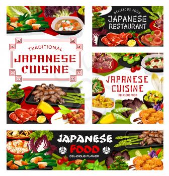 Japanese cuisine restaurant menu meals cover, vector. Restaurant cuisine shrimp salad, chicken meat and baked fish on skewers. Braised cabbage with fried tofu and daikon stew with pork loin