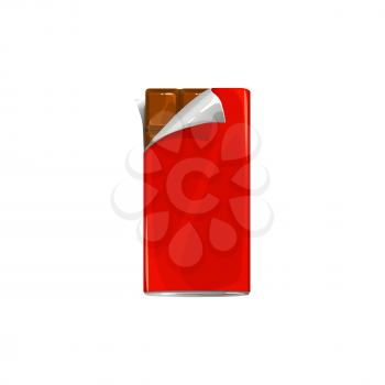 Chocolate bar in candy wrapper, vector icon of package with open corner of paper foil. Dark or milk chocolate bar pack, cocoa food confection and confectionery sweet desserts in red wrapper