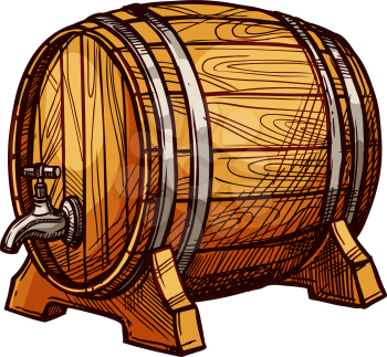 Barrel with tap, wine or beer alcohol drinks keg isolated sketch. Vector wooden container with faucet
