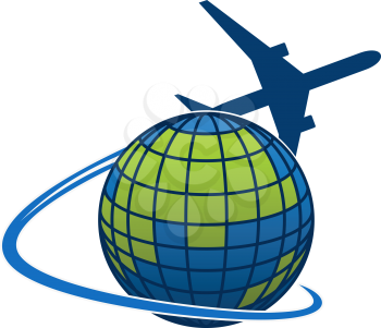 Airplane and world globe icon, travel agency or air post mail delivery and aviation logistics service company. Vector isolated aircraft flying around earth, tourism journey or airlines