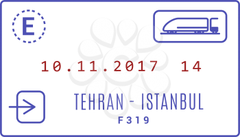 Train ticket Tehran - Istanbul vector isolated icon. Mockup of railway travel card, ink stamp