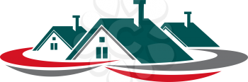 Real estate isolated houses. Vector red and green roof of cottage house, construction company logo