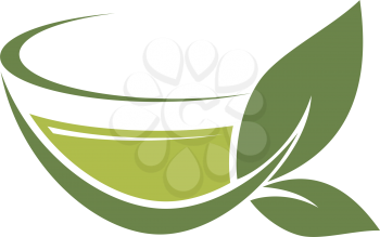 Hot Ceylon or Chinese green tea in cup isolated logo. Vector herbal drink with organic leaves