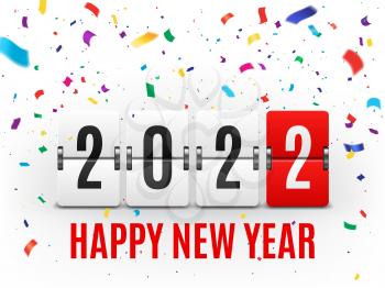 2022 Happy New Year party time chronometer with confetti vector background. 3d realistic flip clock countdown counter or timer, mechanical countdown scoreboard with numbers and confetti strips