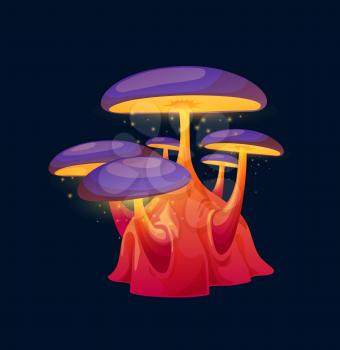 Fantasy magic toxic purple mushroom, vector flickering alien fungus. Cartoon glowing plant of unusual shape, natural element for fairy tale book or game interface isolated sparkling wonderland fungi