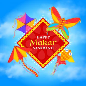 Makar Sankranti holiday kites in blue sky vector Indian Hindu religion festival. Colorful flying toys and paper kites in shape of butterfly, bird and fish, threads and ribbons, festive greeting card