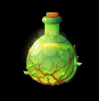 Potion bottle with leaves and branches, cartoon magic elixir flask with earth energy. Vector green witch poison with nature power, corkwood bung, air bubbles and glow. Alchemy ui object for magic game