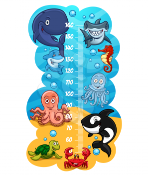 Kids height chart with funny sea animals, growth meter or children stadiometer. Measure ruler vector scale wall sticker with cartoon cute sea turtle, octopus, whale and crab, jellyfish and shark
