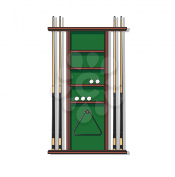 Pool billiards cue rack with balls and triangle. Pool, billiard or gamble games club game equipment or furniture element, vector stand with shelves, snooker wooden cue, ball and rack