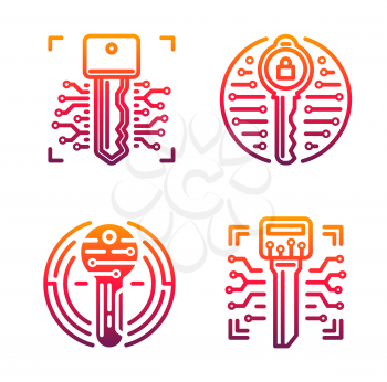 Security key vector icons of cybersecurity and web security design. Digital key and secure access padlock isolated symbols with pink pattern of computer circuit board, data and ddos attack protection
