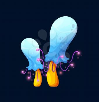 Fantasy magic blue mushroom or toxic toadstool, vector cartoon icon. Luminous fairy tale magic mushroom or amanita fungi with acid blue cap and purple poisonous liquid drips