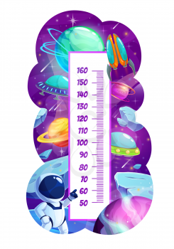 Kids height chart astronaut and galaxy planets growth measure meter. Cartoon vector wall sticker with cute cosmonaut and ufo saucers in space. Children height measurement scale with spaceman character