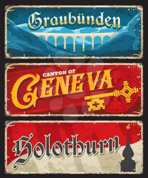 Graubunden, Geneva and Solothurn Swiss cantons plates. Vector vintage banners with Switzerland travel touristic landmarks, bridge in mountains, gold key and tower. Aged retro signs, grunge boards set