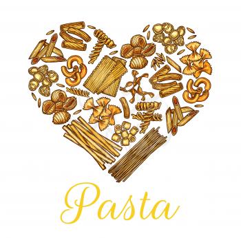 Italian pasta sketch heart for cuisine food menu, vector. Italian restaurant traditional pasta, hand drawn fusilli, spaghetti and macaroni, fettuccine or tagliatelle and penne or ravioli