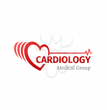 Cardiology medicine icon of heart with pulse, vector medical and cardiac health emblem. Heart pulse symbol for cardiology center, medical group or and donation clinic and hospital