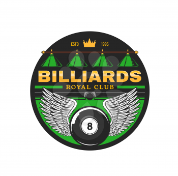 Billiards club icon, vector emblem for pool competition. Black winged number eight ball on green playing field front of hole. Billiard sport, snooker league game society membership isolated label