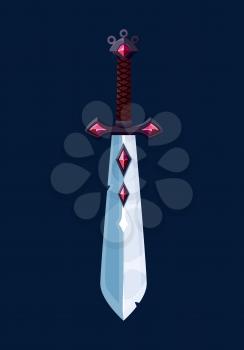 Magical cartoon wizard sword blade, game ui or gui vector object. Fantasy weapon of medieval magician knight, magic warrior knife or dagger with leather plaited handle and blade with ruby gemstones