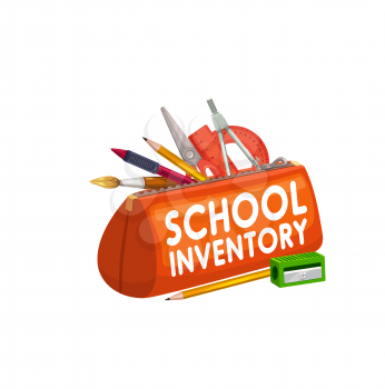 School inventory and stationery in pencil case. Back to school, children education cartoon vector icon with pen, paper scissors and protractor, compass, sharpener and wooden pencil
