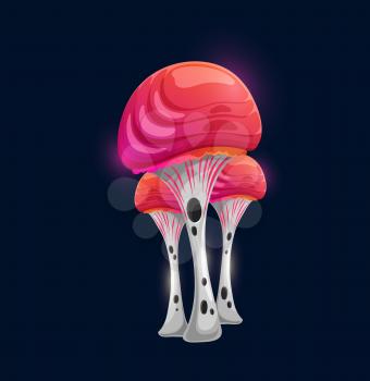 Fantasy magic lean red mushroom, vector alien fungus, cartoon beautiful glowing plant of unusual shape with holey stipe and strange cap. Natural element for fairy tale or game, isolated forest plant