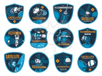 Telecommunication and television satellite icons. Communication, navigational, Internet and TV broadcasting technology vector icons with artificial satellites, orbital station in outer space
