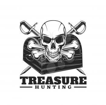 Treasure hunting icon, chest, skull and sabers. Vector emblem with pirate loot, Jolly Roger and crossed bones. Filibusters skeleton head, monochrome isolated vintage label for nautical adventure club