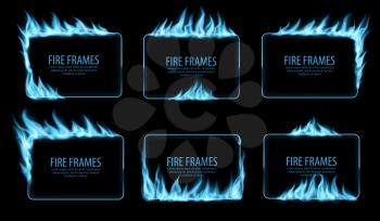 Burning gas frames with blue fire flames of glow, vector borders of blaze burn. Frames and border corners of realistic fire burning or gas flame with blue fiery heat and hotplate burner sizzle