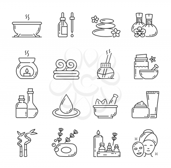 Spa and face beauty, skin health care, massage icons. Vector linear stones pile, bottles, jars and tubes with cosmetics, woman face mask, bamboo stem and lavender, herbal candle, towels and mortar