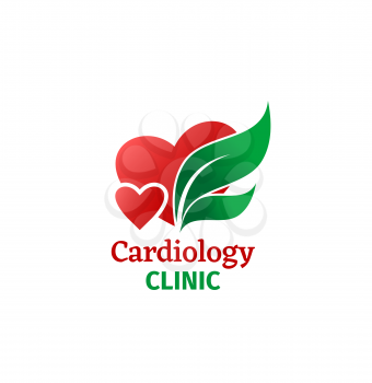 Cardiology clinic icon, heart with green leaf vector medical emblem. Cardio center or hospital aid, cardiac treatment, health care medicine service, cardiological disease charity isolated label