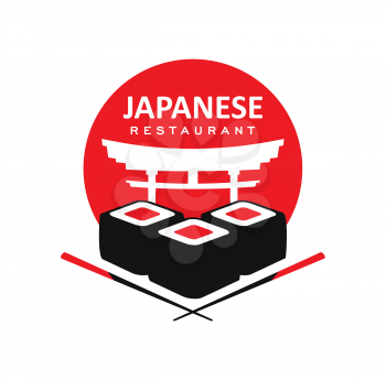 Japanese cuisine restaurant icon with rolls, Torii gate and sticks. Vector symbol of asian food with traditional meal of Japan, bamboo sticks and architecture. Red and black restaurant icon