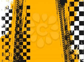 Racing sport background. Tire tracks and checkered rally racing flag with grunge. Off road tyre prints, vector black car treads, spots and checkered backdrop. Motocross bike protectors