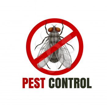 Fly sign, pest control icon. Disinsection service vector emblem with insect prohibition symbol. Parasites extermination label. Pest control disinfection or insecticide cartoon sign with crossed fly