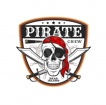 Pirate skull icon with swords and ship helm, buccaneer and corsair sailors vector emblem. Merry roger skull in red bandanna and eye patch with crossed sabers and captain spyglass