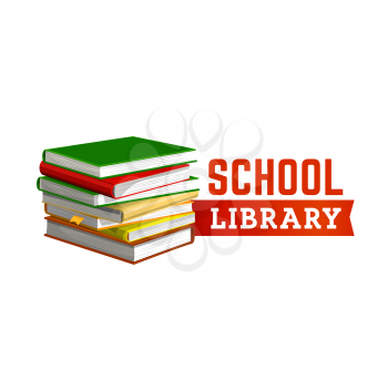 School library vector icon with pile of books, education, study and knowledge design. Isolated stack of books, textbooks, dictionary and encyclopedia with colorful covers and bookmark symbol