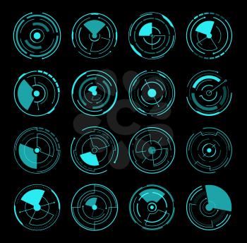 HUD interface round radars, futuristic circles game UI, vector icons. HUD digital interface for screen dashboard, round frames of sonar of radar or location tracking scanner or gauges for display