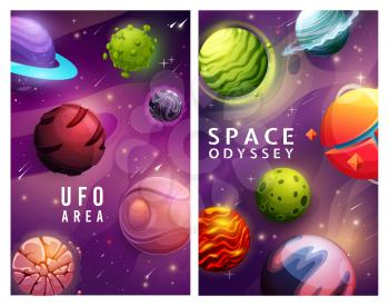 UFO area, space odyssey posters, cartoon planets, vector galaxy and fantasy game. UFO aliens spaceship rockets in universe sky, stars in cosmos and cosmic world asteroids and planets with craters