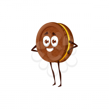 Chocolate cookie cartoon character. Vector biscuit bakery fairy tale personage with smiling face and big eyes stand with arms akimbo. Fresh pastry, dessert with cream filling, crispy cookie mascot