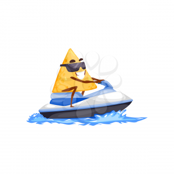 Nachos surfing on water jet ski motorcycle isolated funny cartoon character. Vector corn tortilla or crispy chips in sunglasses, summer holidays sport activity. Smiling mexican food emoticon on rest