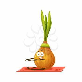 Onion with green leaves cartoon character in band stretching on fitness yoga pilates mat, isolated mascot. Vector sportive emoticon doing exercises, sport activity workout of healthy vegetable food