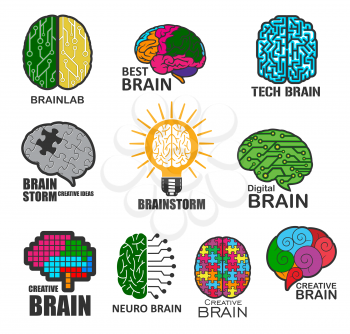 Neuro and tech brain, brainstorm and brain lab technology vector icons. Human mind head in idea and think light bulb, digital creative concept and smart puzzle symbol of education and science