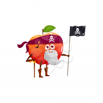 Red apple with leaf isolated cartoon character pirate emoticon. Vector vegetarian dessert, dieting food corsair buccaneer with flag, bandana jolly roger, beard and boots. Cute kids children emoji