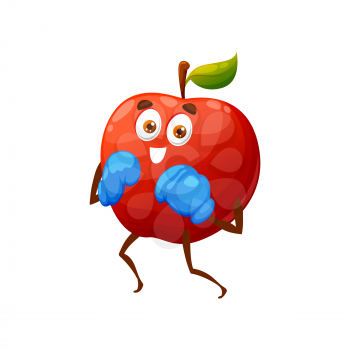 Red apple doing box sport exercises in boxing gloves isolated happy cartoon character on sportive workout. Vector summer fruit hobby sport activity, healthy apple active way of life, fitness concept