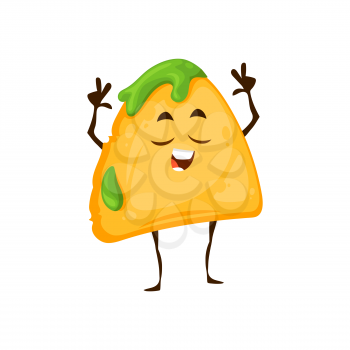 Mexican nachos chips character, cartoon vector tex mex food. Happy funny chips piece in guacamole sauce sing and show victory gesture. Mexico meal character isolated on white
