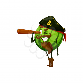 Pirate cute watermelon in corsair hat and bandana looking in spyglass isolated cute summer fruit cartoon character. Vector buccaneer with beard and moustaches, funny happy emoticon, food kawaii emoji