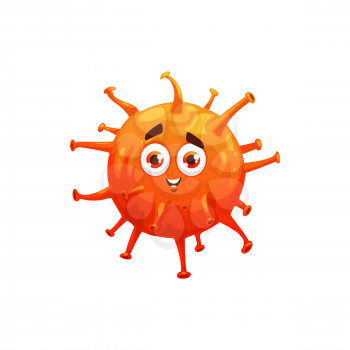 Cartoon red virus character, vector antiviral and immune health protection. Virus cell of flu or coronavirus, bacteria or microbe viral disease protection and antiviral pathogen vaccination