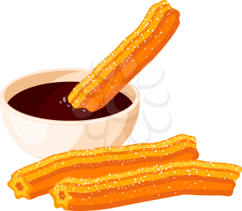 Churros and chocolate dip vector isolated icon. Mexico churro pastry sweet dessert food