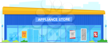 Home appliances store, vector flat building. Consumer electronics trade center sale