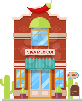 Mexican restaurant isolated facade exterior. Vector viva mexico, menu and cactus, facade design