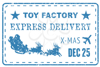 Express delivery post stamp with Santa Claus, sleigh and deers isolated. Vector Xmas air mail postmark