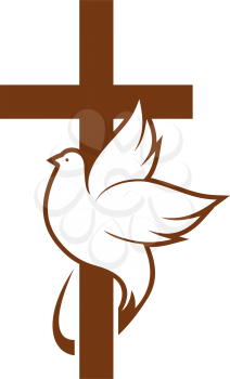 Dove on peace and cross isolated religion symbol. Vector holy spirit bird and crucifix