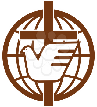 Globe, holy spirit bird and cross isolated religion symbol. Vector dove and crucifix, earth icon